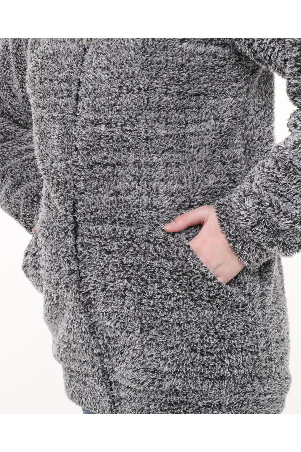 Kapüşonlu Welsoft Peluş Gri Hırka - Cepli Kapüşonlu Fermuarlı Kışlık Peluş Gri Hırka Ceket