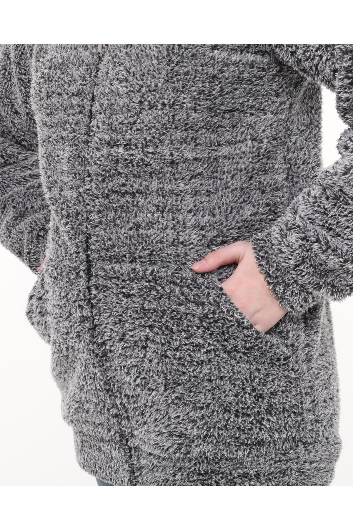 Kapüşonlu Welsoft Peluş Gri Hırka - Cepli Kapüşonlu Fermuarlı Kışlık Peluş Gri Hırka Ceket