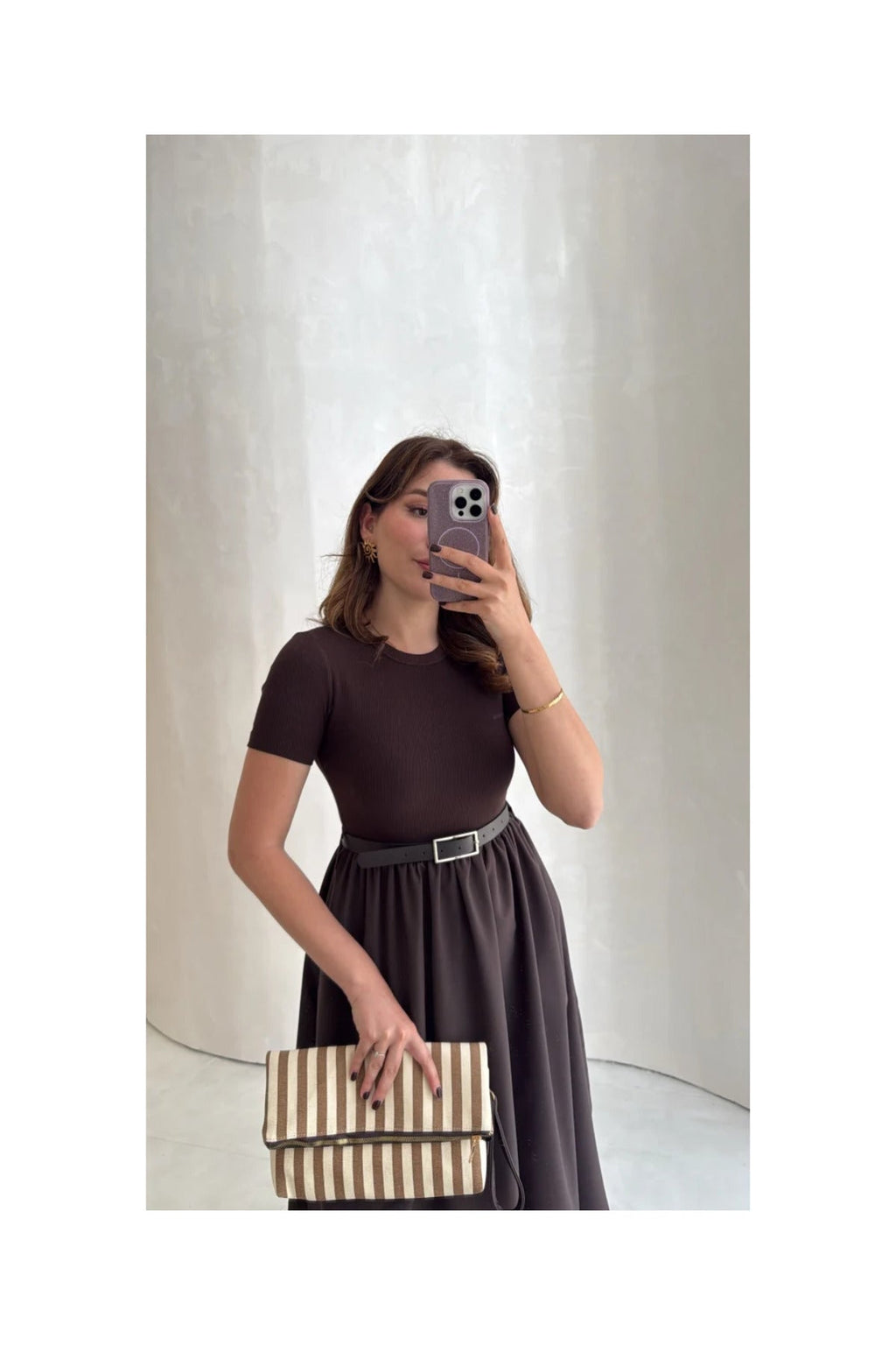 Acı Kahve Kendinden Kemerli Alt Poplin Kumaş Elbise