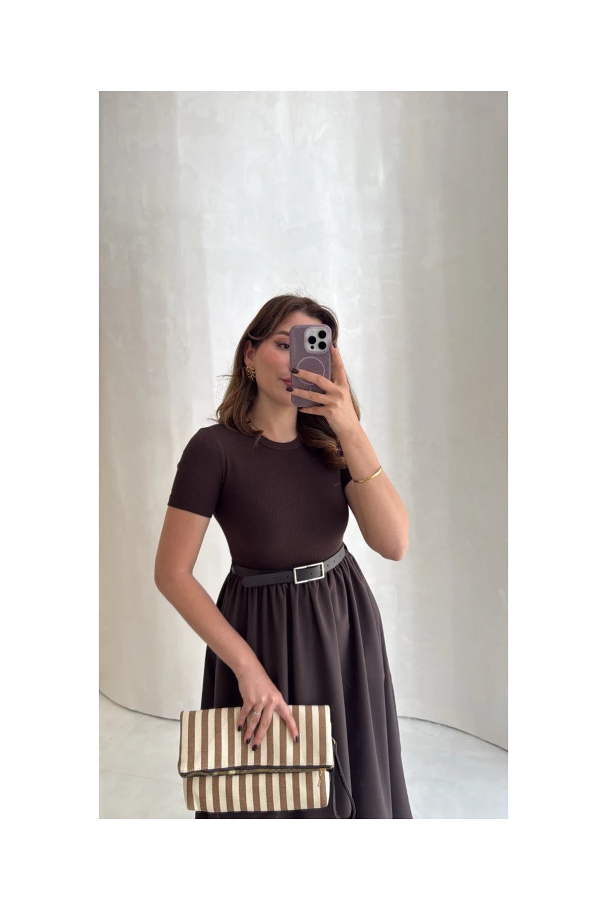 Acı Kahve Kendinden Kemerli Alt Poplin Kumaş Elbise