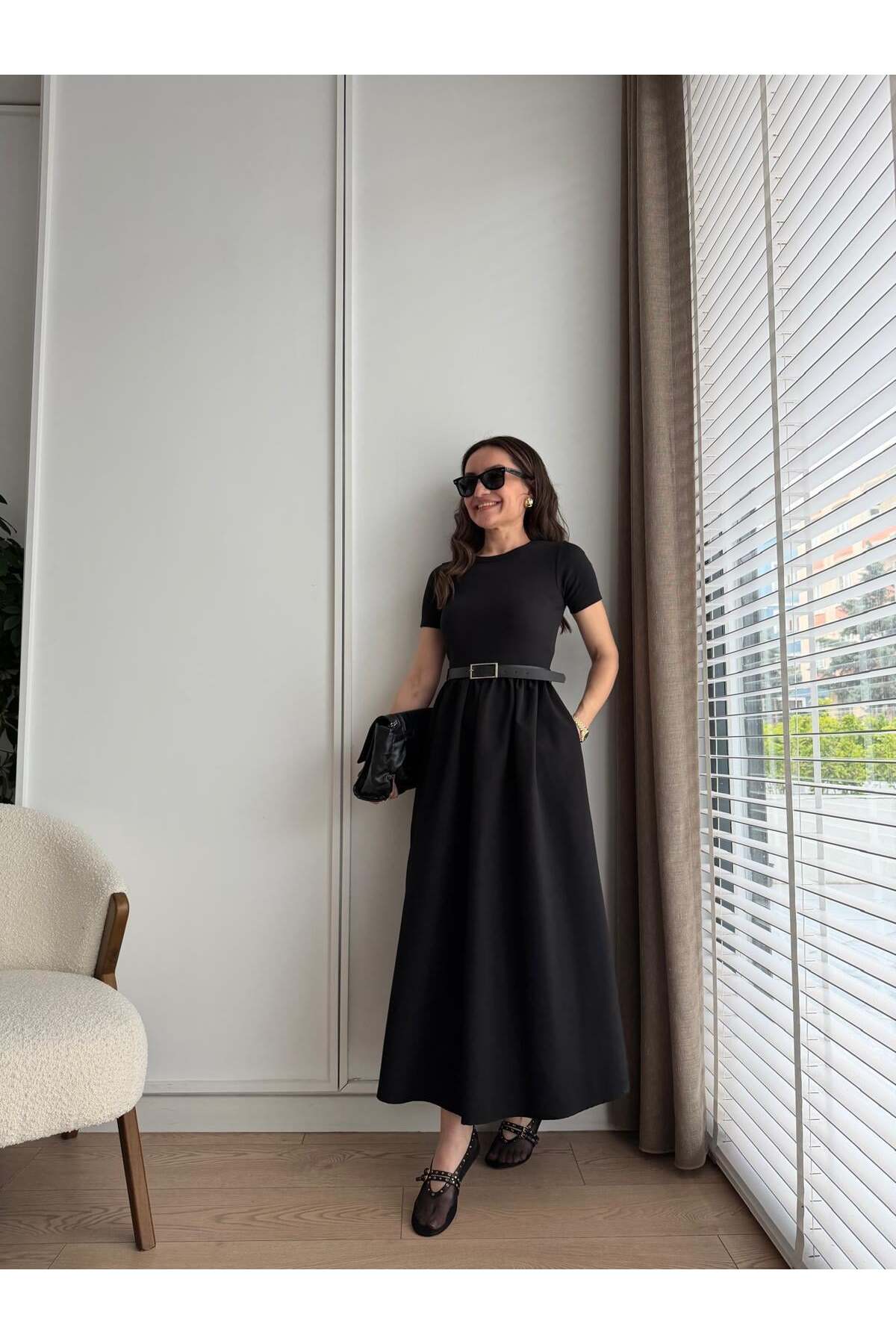 Acı Kahve Kendinden Kemerli Alt Poplin Kumaş Elbise