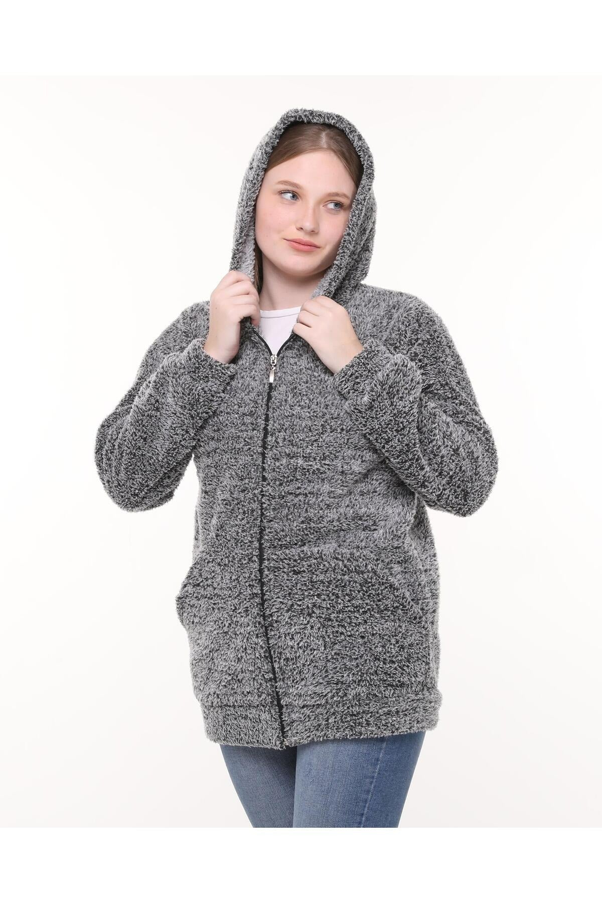 Kapüşonlu Welsoft Peluş Gri Hırka - Cepli Kapüşonlu Fermuarlı Kışlık Peluş Gri Hırka Ceket