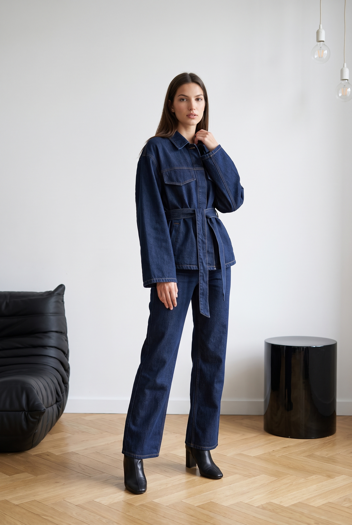 Kadın Kuşaklı Denim Ceket ve Pantolon Takım