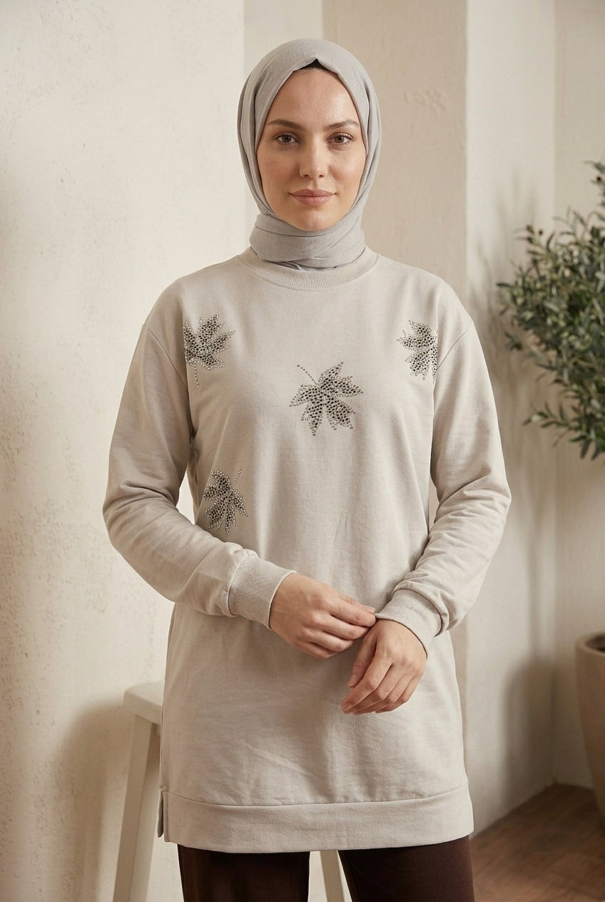 Kadın Taş İşlemeli Yaprak Desenli Uzun Tunik Sweatshirt