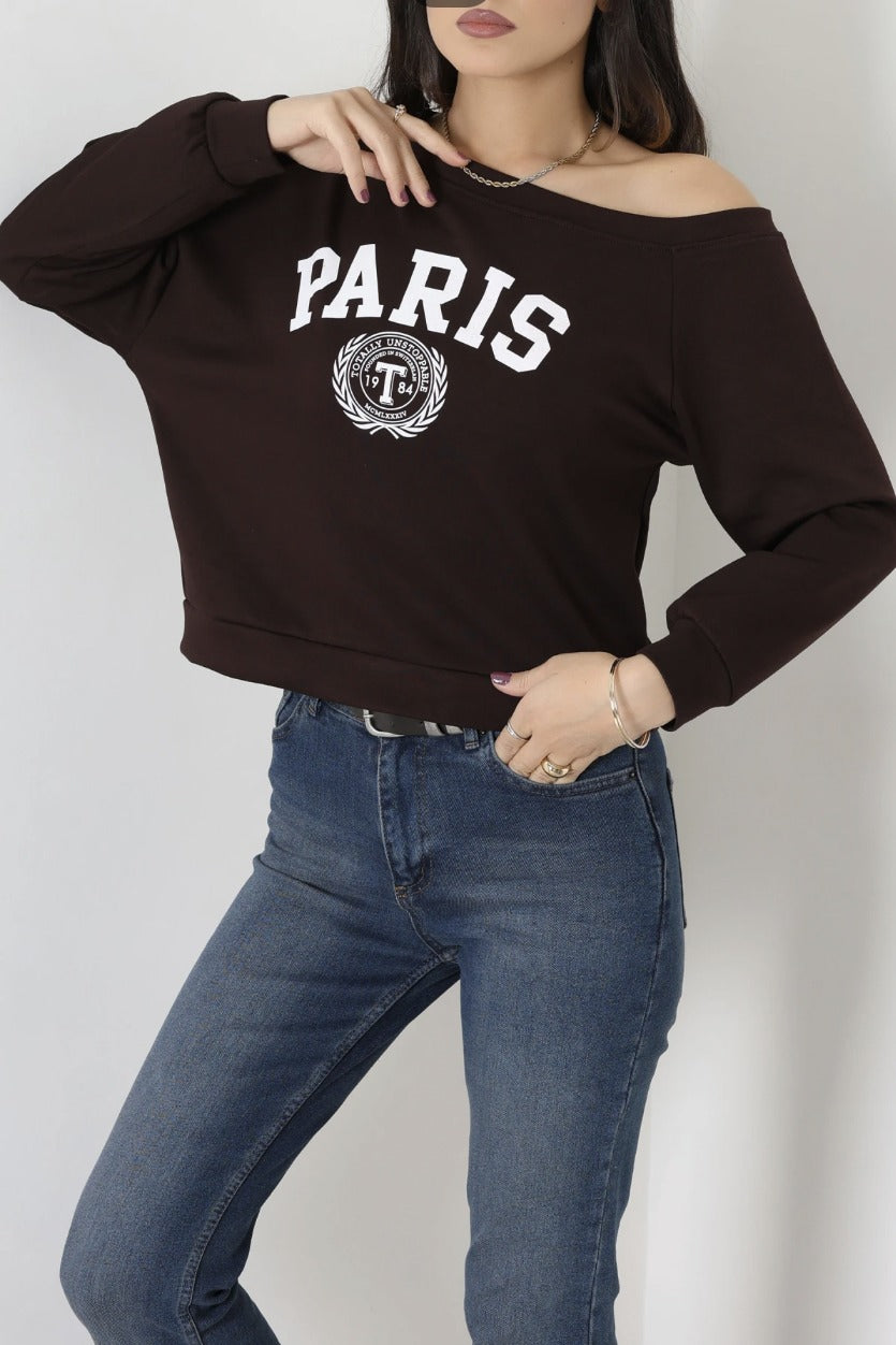 Kadın Modal Baskılı Kayık Yaka Sweatshirt