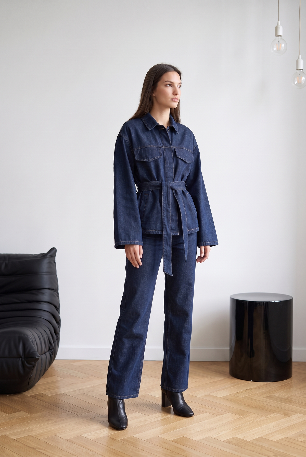 Kadın Kuşaklı Denim Ceket ve Pantolon Takım